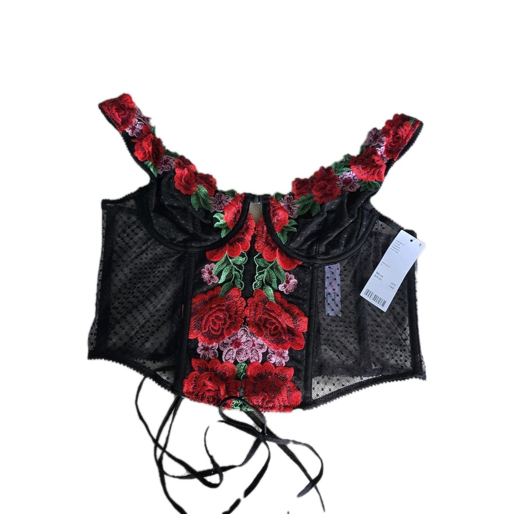 NWT Out From Under A Dozen Roses‎ Embroidered Corset Top Black Red Large UO L